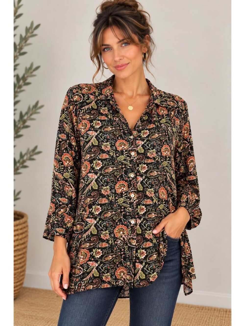 J Jill Women's Floral Paisley Long Sleeve Button Up Blouse Size XL Petite
